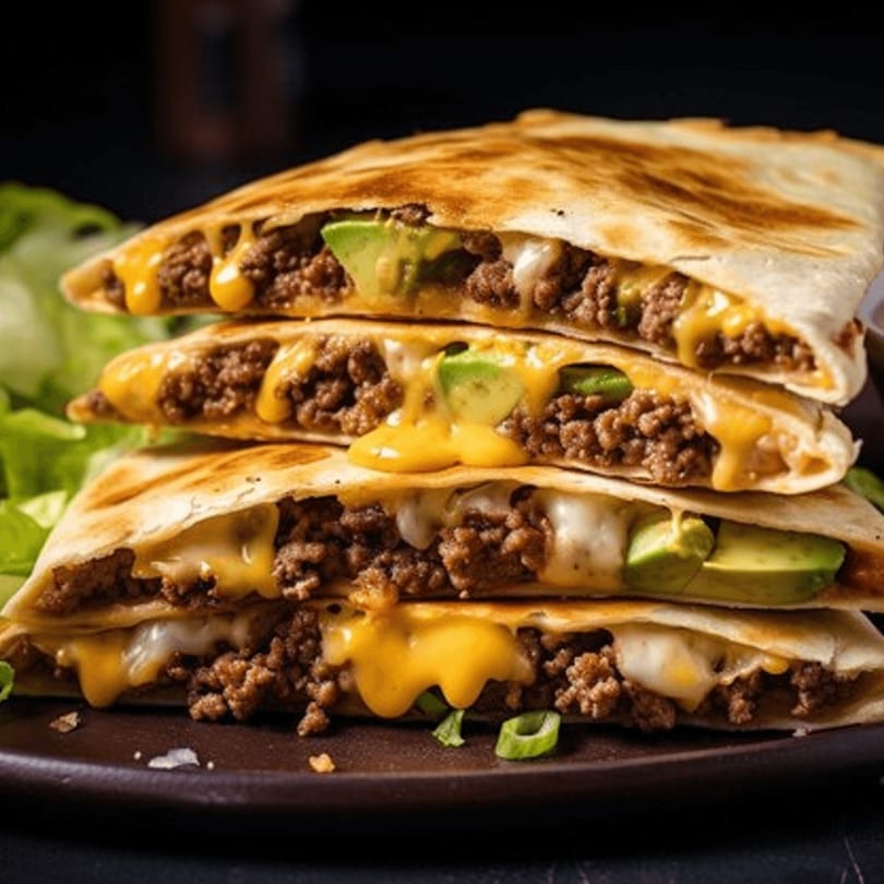 Stacked beef quesadillas with melted cheese and avocado, garnished with green onions and lettuce.